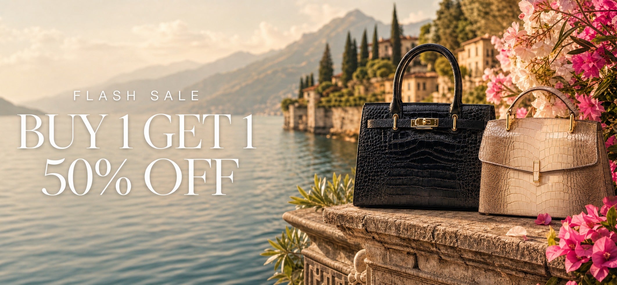 Buy 1 Get 1 50% Off Lake Como handbag offer banner